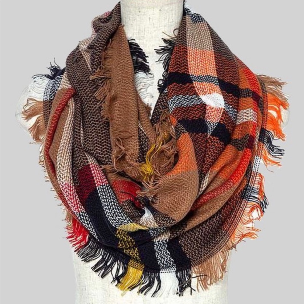 Plaid Fringe Trim Infinity Scarf